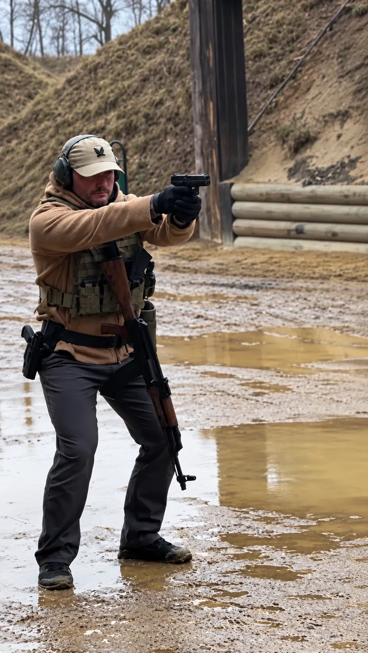 On the range: pistol drawn, rifle slung, wearing ear defenders and a plate carrier