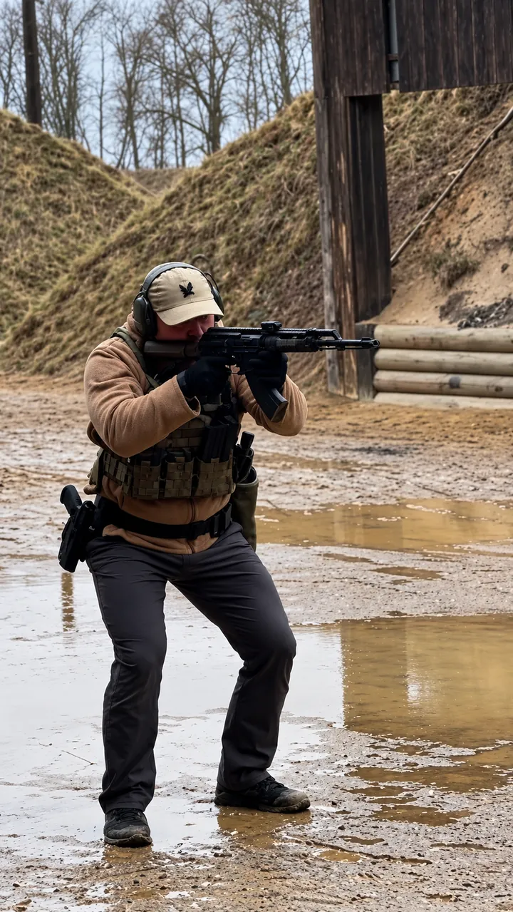 On the range: aiming a rifle fitted with a red-dot sight