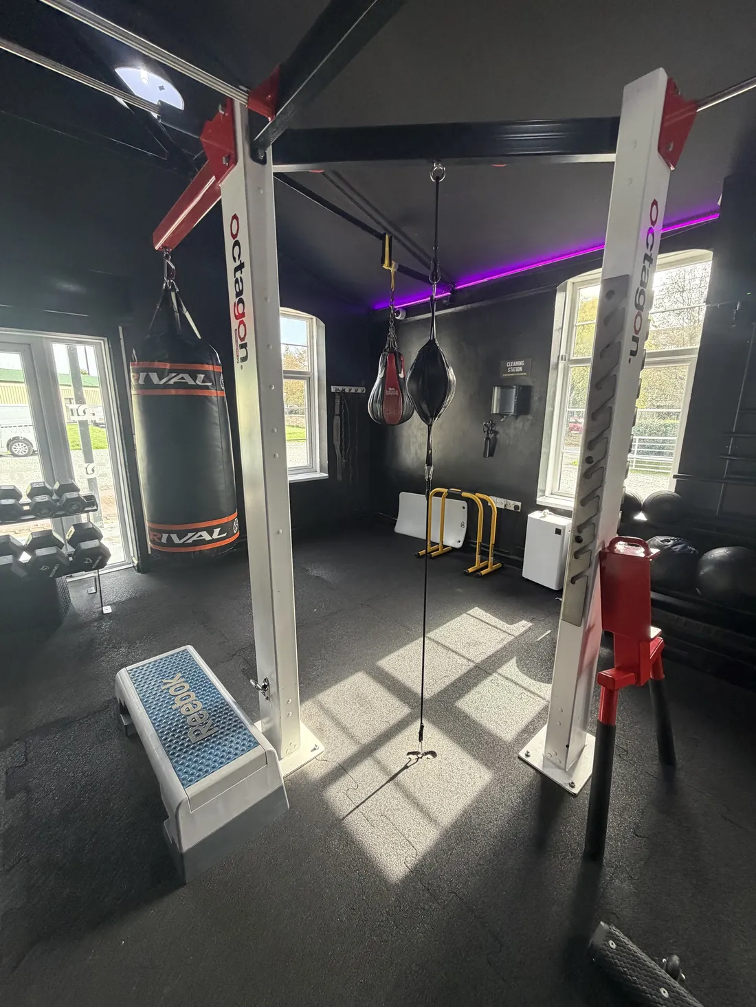 Rig with punch bag and morning light from the windows