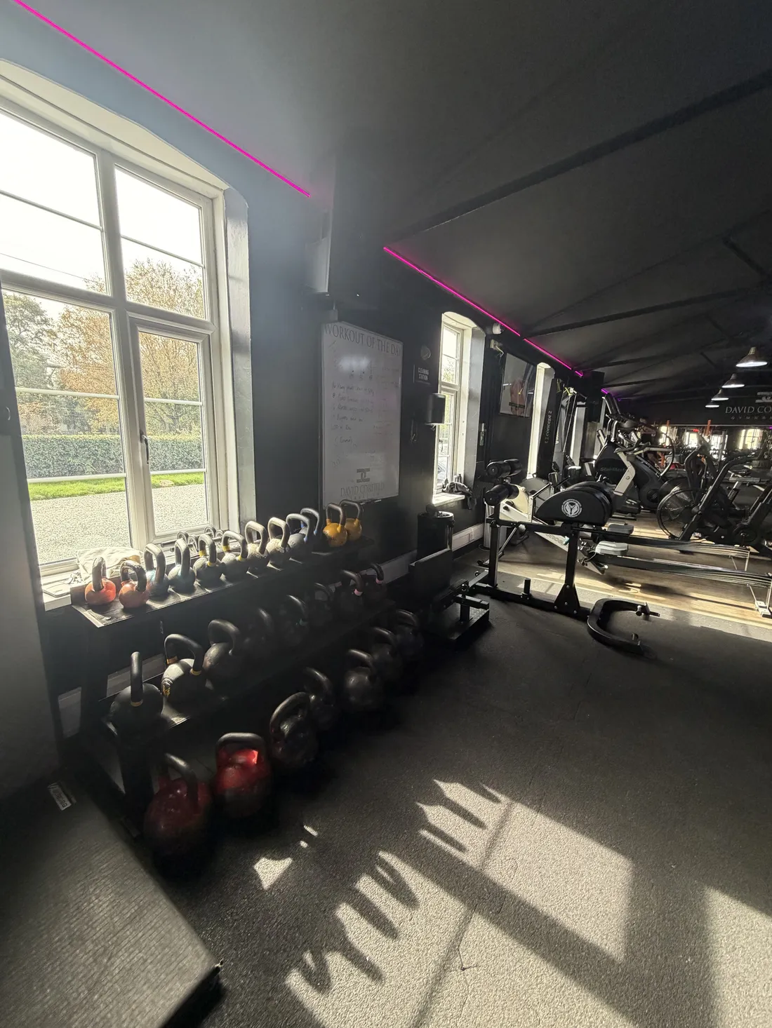 Rows of kettlebells beside the windows