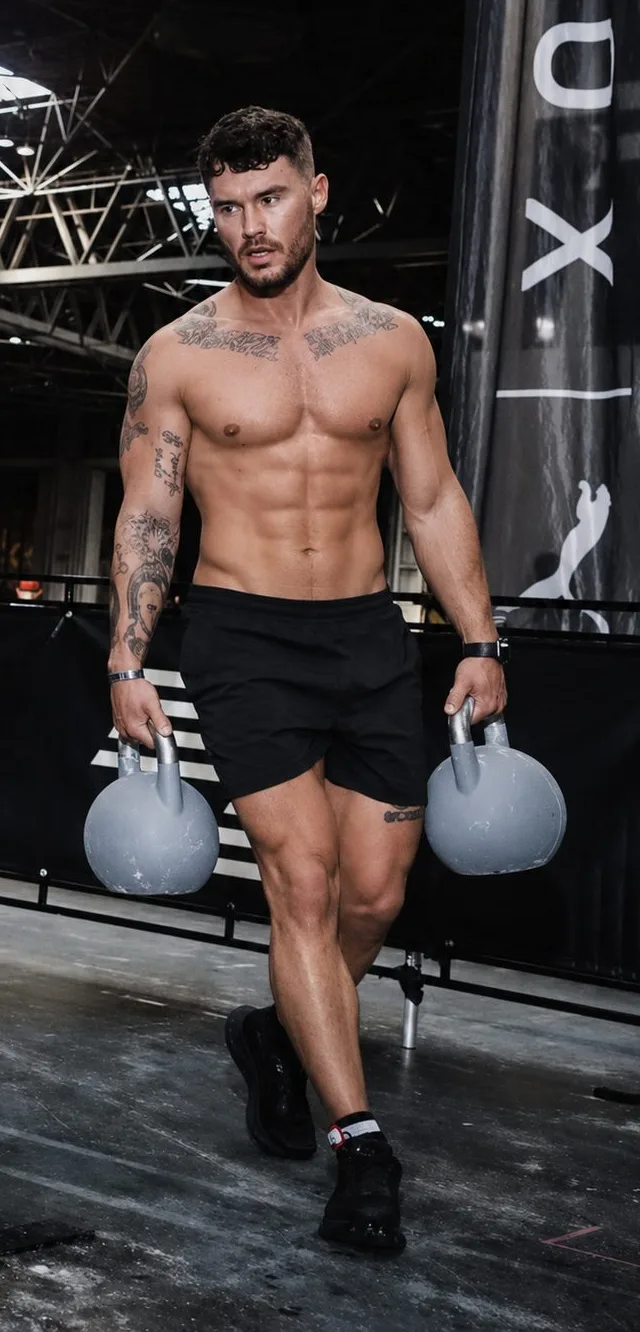 Alex Shepherd carrying two kettlebells on the competition floor