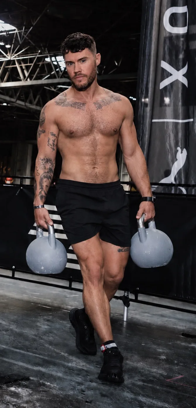 Alex carrying two kettlebells on the competition floor