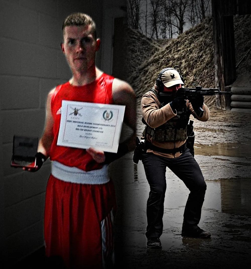 Coach Shep in Army red with his boxing championship medal and certificate, blended with a shot of him on the range with a rifle